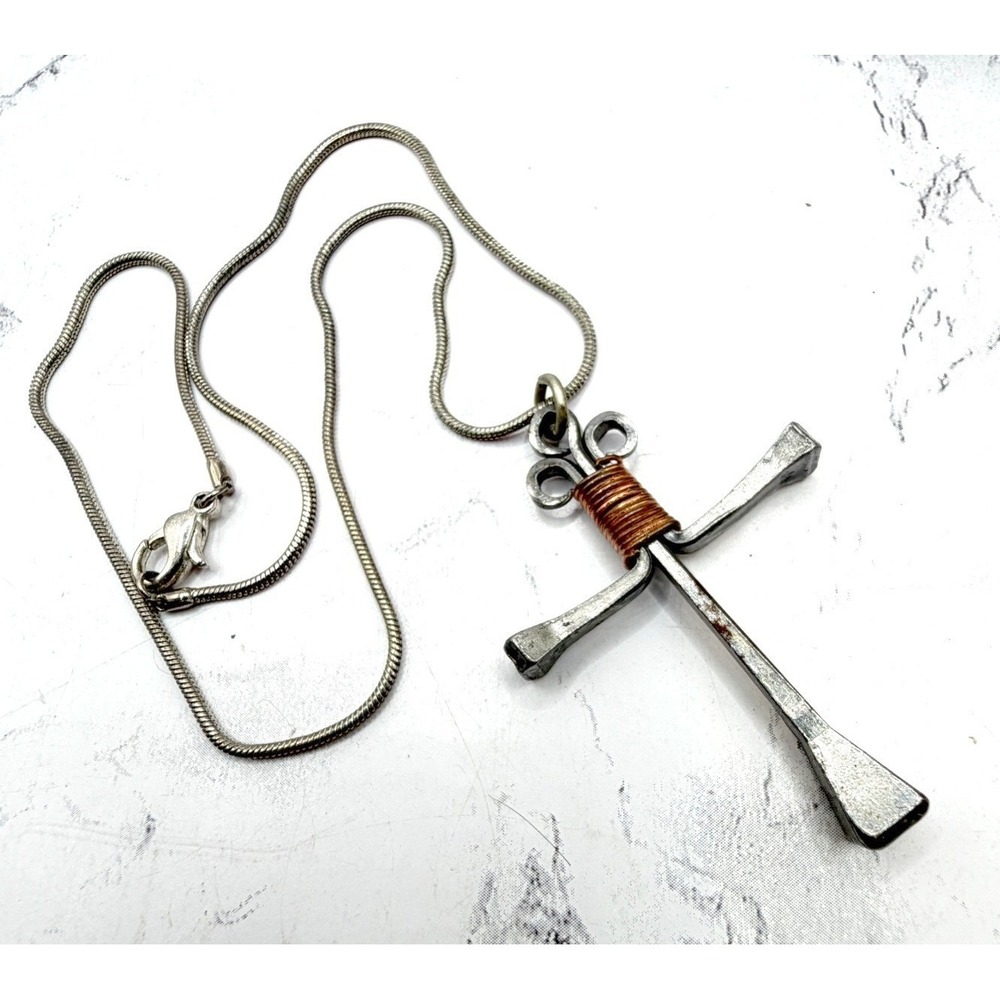 Silver Tone Cross Necklace Copper Wire Wrapped 16" Snake Chain Rustic Pendant